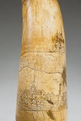 Kruithoorn, gegraveerd met een kaart van de St. Lawrencerivier in het gebied van Quebec, ca. 1759