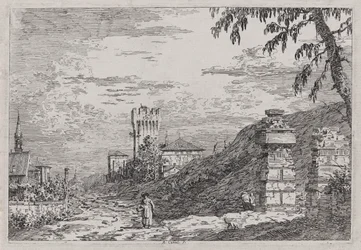 Landschap met Toren en Twee Verwoeste Zuilen, uit de serie Vedute (Gezichten)
