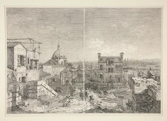 Het huis met de inscriptie: MDCCXLI. A. C. [en] Het huis met de peristyle en zes kolommen, uit de serie Vedute (Gezichten)