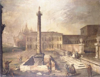 Een capriccio van een piazza voor een paleis met de zuil van Marcus Aurelius