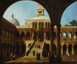 Canaletto - Capriccio Gezicht op de binnenplaats van het Palazzo Ducale met de Scala dei Giganti Gesigneerd en gedateerd 1744