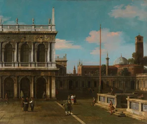 Canaletto - Capriccio Gezicht op de Piazzetta met de Libreria Gesigneerd en gedateerd 1744
