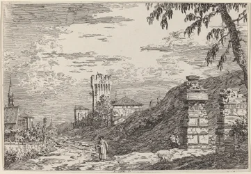Landschap met toren en twee verwoeste pilaren