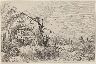 Landschap met een vrouw bij een put