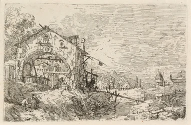 Landschap met een vrouw bij een put