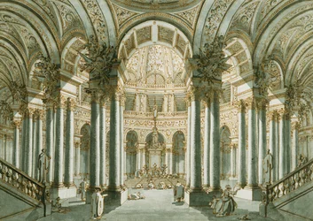 Het interieur van een kerk, met figuren in gebed