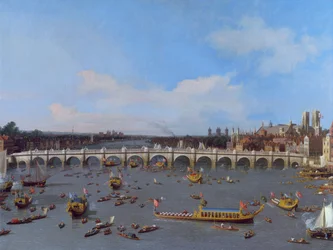 Westminster Bridge, met de processie van de Lord Mayor op de Theems