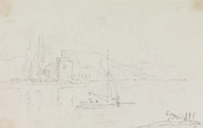 Schets van een zeilboot en een gebouw aan de kust