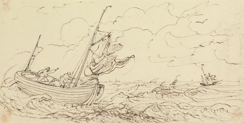 Schets van een schip op een stormachtige zee