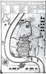 Londonderry belegerd door generaal Hamilton en Conrad de Rosen, gegraveerd door J. Sturt, 1689