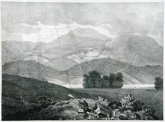 Uitzicht op een deel van het meer en huisjes in Ottacamund, Neelgherry Mountains, plaat 3 uit View of the Neilgherries, or Blue Mountains of Coimbetoor, Southern India door Captain McCurdy, gepubliceerd in 1830