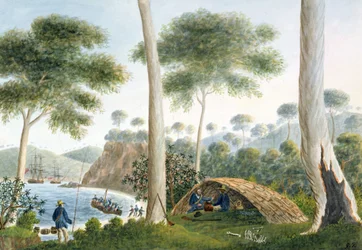 Inheemse hut (of wigwam) van Adventure Bay, Van Diemans Land, 1792