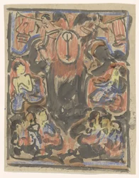 Decoratief ontwerp met bovenaan twee herauten