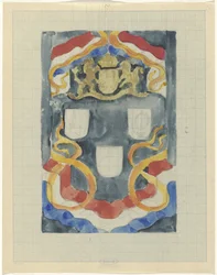 Decoratief ontwerp met het rijkswapen, vlaggen en vaandels
