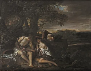 Een slapend paar, ontdekt door drie vrouwen in een Arcadisch landschap