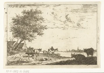 Rivierlandschap met boer en koeien bij boerderij
