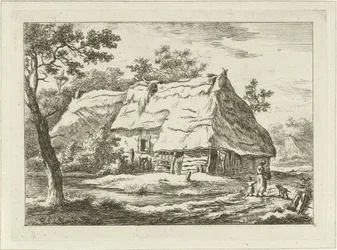 Vrouw met kind bij een boerderij