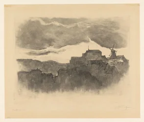 Stad met molen op een heuvel