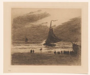 Binnenkomende vissersboot op het strand