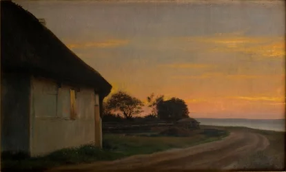 Avondlandschap met een huis en tuin aan zee. Ellekilde
