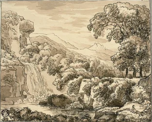 Berglandschap met waterval en figuren
