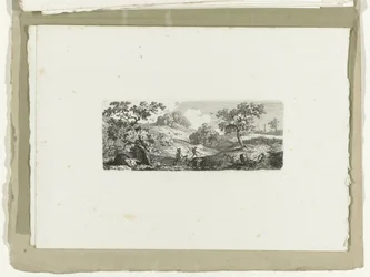 Reizigers bij een beek in heuvelachtig landschap