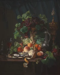 Stilleven met wijnglas, oesters, citroen en ander fruit
