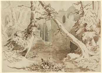 Een verwoeste kerk in het bos