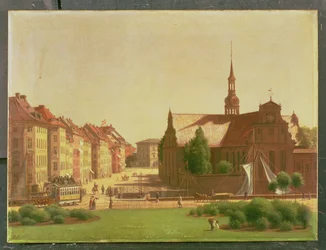 Het Paleisplein en Holmens Kirke, vanuit een raam in Christiansborg Kasteel, Kopenhagen, 1866