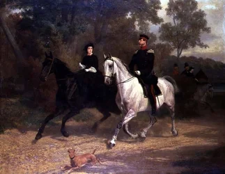 Een Dame en een Officier, mogelijk Kroonprins en Prinses van Pruisen, rijdend in een park