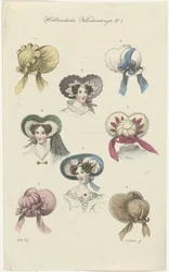 Acht verschillende dameshoeden Hollandsche Klederdragt (series title)