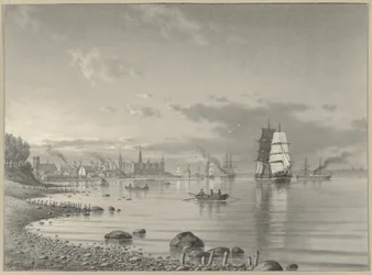 Scheepvaart op de Oresund met Helsingor en Kronborg kasteel in de verte