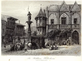 Het Rathhaus, Hildesheim, gegraveerd door J.J. Crew, gedrukt door Cassell en Company Ltd