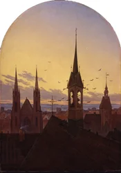 Duits: Frühläuten (Altdeutsche Stadt im Frühlicht) Ochtendkrieken (Oudduitse stad in het ochtendlicht)