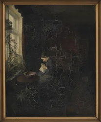 Interieur met een Meisje dat Naait
