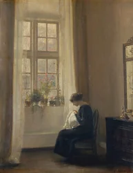 Een Meisje dat Naait in een Interieur