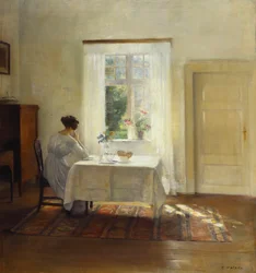 Een Vrouw Zittend aan een Tafel bij een Raam