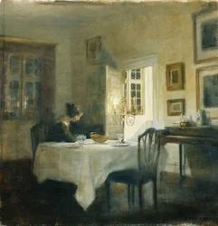 Een Vrouw aan een Tafel in een Eetkamer