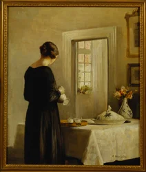 Een Interieur met een Vrouw aan een Tafel