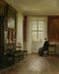 Interieur met Vrouw die Naait