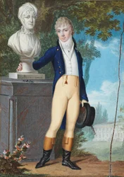 Duits: Portret van een jonge heer in ruiterkostuum, in een kasteelpark, staand naast de buste van zijn moeder met de inscriptie "à la Reconnaissance" (in dankbaarheid) - volgens het bijschrift op de achterkant is dit de 14-jarige Franz de Paula G