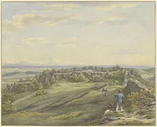 Burchtplein van de ruïne Falkenstein met uitzicht op de Mainvlakte, het Odenwald en de Rijnbergen