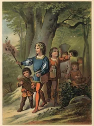 De zes kinderen gaan het bos in om hun vader te zoeken met Bouton d