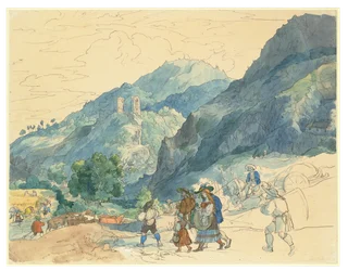 Landschap bij Innsbruck met de ruïnes van Fragenstein en plattelandsbewoners die naar huis terugkeren en op het land werken