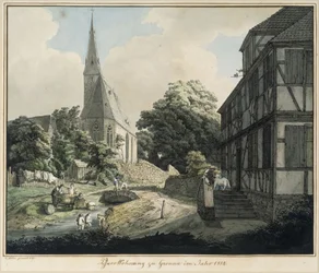 Pastorie en kerk te Gronau in het jaar 1814