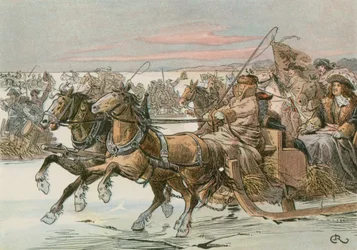 Frederik Willem, de Grote Keurvorst (1620-1688), steekt de Koerse Schoorwal over per slee in een expeditie tegen de Zweden in 1678