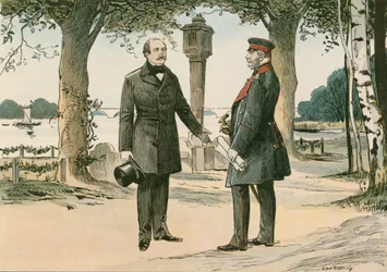 Wilhelm I, koning van Pruisen en eerste Duitse keizer (1797-1888), en Otto von Bismarck, Duitse staatsman (1815-1898), in Babelsberg in 1862