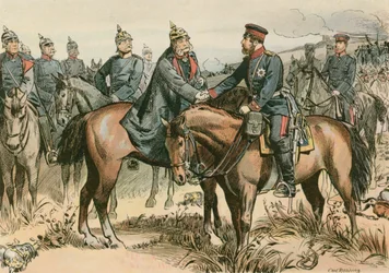 Wilhelm I, Koning van Pruisen en eerste Duitse Keizer (1797-1888) begroet zijn zoon in Sadowa in 1866