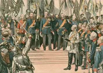 Wilhelm I, Koning van Pruisen en eerste Duitse Keizer, wordt erkend als de Kaiser van het nieuw verenigde Duitse Rijk bij het Verdrag van Versailles in 1871