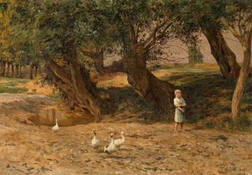 Het kleine ganzenmeisje onder de wilgen